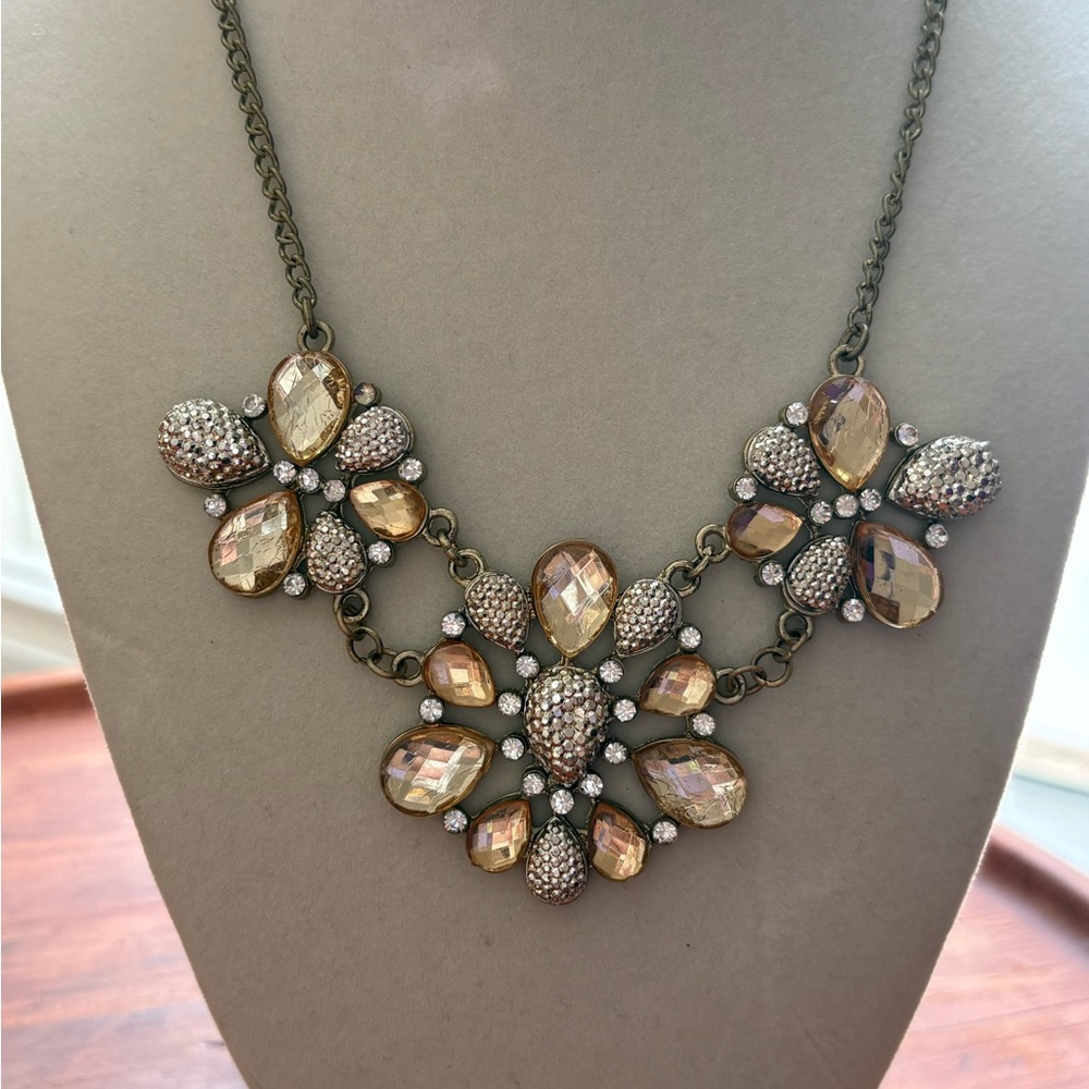 Statement Cluster Floral Necklace Bronze Tone Amber Crystals
